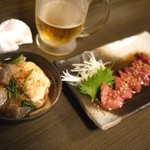 旬香 - ボリュームお通し＆ビール！鶏レバーはテッパン♡