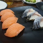 Sushi Tengoku - 1904_Sushi Tengoku-寿司天国- Radio Dalam_SALMON NIGIRI(2pcs)@38,000Rp×2(サーモン握り)、SABA NIGIRI(2pcs)@32,000Rp×2(サバ握り)