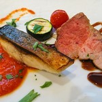 リストリア・ジラソーレ - イナダのソテー アラビアータソースと恋する豚の肩ロース肉のロースト バルサミコソース