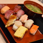 Sushirokonomi - 並盛１０貫（６８０円＋税）・味噌汁セット（１００円＋税）２０１９年６月