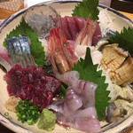 Sushi Dainingu Janome - メヒカリ、クジラ、アワビ(肝付き)、アナゴ、鯖(大分)、甘エビ、シラス(大洗)、カツオ(徳島)と、ゴージャスな刺し盛り！