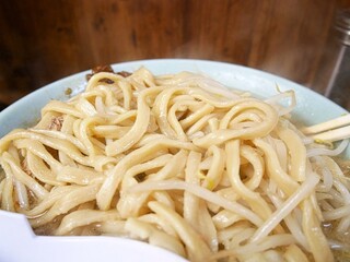 ラーメン二郎 - 天地返しの図
麺はかなり太め。野菜はほぼほぼもやし。