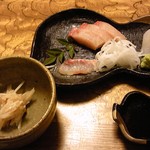 たぬき - 蓮根の炒り煮　刺身（鯛の湯引き　アラ（クエ）　寒鰤）