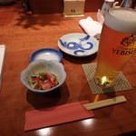 一心 - エビス生ビール￥580、お通し