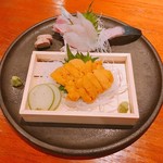 花柚子 - ウマヅラ刺し 肝醤油 780円
      バフンウニ 刺し 1200円