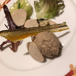 マッシュルーム - 鮎と夏トリュフのムース フィレのソテー バジルソース ミントとで和えたメロンを添えて