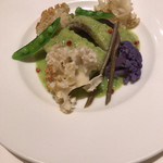 マッシュルーム - 今治藤本氏のスズキのポワレ ニラバターソース ハナビラタケのグリエ添え