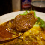 SPICY CURRY 魯珈 - 炒ったマスタードシードかな？　テカってる♪　お肉けっこう入ってる　スパイシーだけど辛みは少なく…　酸味があって甘味が隠れてるような感じ