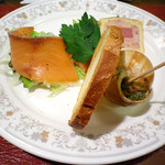 ノースイン - ある日のディナーコース：前菜（スモークサーモン・エスカルゴのブルゴーニュ風・鴨とオレンジのパテ）