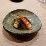 Sushi Ueda - 先付けは車海老と鯖、ぽん酢ジュレかな