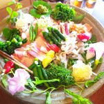 飴源 - 鮎の背越しと鯉の洗い、たくさんの摘草と野菜