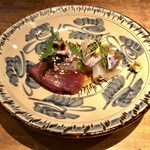 酒井商会 - お造り：コチ胡瓜おろしで、 鰹と新玉葱 岩海苔 南関上げ