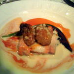 レストランブレ - 常呂産カレイと鮭の網造り　牡蠣のムニエル添え　２色ソース