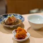 日本橋蛎殻町 すぎた - 2019.7 ウニの佃煮、アンキモ、日本酒（新政）