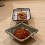 日本橋蛎殻町 すぎた - 2019.7 鱒子味噌漬け、シマエビの頭を焼いて味噌を取り出した酒肴