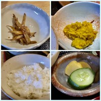 すざき町食・心旬ぎく - ◆小鉢は「カボチャのサラダ」と「キンピラゴボウ」・・どちらも量が少ないこと。 もう少し多くされた方がいいように思いますが・・ ＊ご飯を少なめでとお願いしましたら、かなり少なめでちょっとビックリ。 お茶碗半分程度をふんわり盛られているので、実際は半分もありません。。 ＊お味噌汁には南関あげ入り。