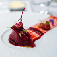 Grand rocher - 高知県日戻り鰹 ビーツのマリネ、 ルバーブ、 ルバーブのピューレ、 ビーツのピューレ