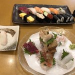 Umai Sushi Kan - 並にぎり、刺身 本日の五点盛り、にぎり 活真鯛