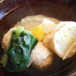 土家 - 24年1月　蕎麦がきの椀　鴨つみれ、粟麩、白菜信太巻き、小松菜