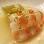 道人 - ⑧蒸し車海老(兵庫県明石産)と色紙冬瓜の焚きもの、真昆布&鰹節&生姜の出汁餡掛け
      蒸し車海老の天然の旨みと甘み、色紙冬瓜の繊細な薄味と出汁餡の穏やかな味わい
      幸せ過ぎます(人´∀`)♪