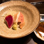 鳥田中 - 高坂鳥の刺身（砂肝･胸･肝）