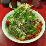 千里眼 - 冷やし中華（少な目）麺130グラム 850円　ヤサイマシガリマヨマシカラメマシショウガの辛揚げ