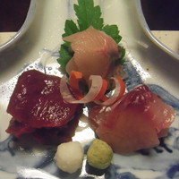 比良山荘 - お造り三点盛り（岩魚・鹿肉・鯉）