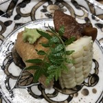 鮨旬美西川 - あん肝、おからの稲荷、コーン