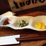 Indhi An - お通し…ズッキーニ、青菜白マヨ和え、甘藷煮