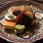 御料理 寺沢 - ｽﾌﾚ玉子､ｱﾝｷﾓ､ｼﾄﾞｹ､蚕豆､玉珧磯辺巻､稚鮎､海蛸