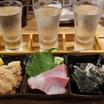 米と葡萄-SAKE&WINE-あとり酒店 - 前菜
            ①豚肉の角煮
            ②勘八の刺身
            ③茄子の揚げ浸し
            
            お酒
            ①蓬莱鶴　奏　はーもにー(広島・広島)
            ②華鳩　無濾過生原酒(広島・音戸)
            ③元晴　限定醸造　無濾過生原酒(広島・安浦)