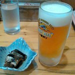 安茂里 - 生ビール、お通しは、サンマの醤油煮かな