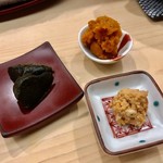 日本橋蛎殻町 すぎた - 2019.6.  海胆の佃煮・縞海老の頭の海老味噌合え・鮑の肝