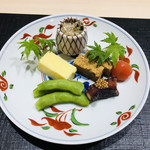 Tenyuu Atsugase - ひとつひとつ丁寧に作られた前菜。とうもろこしと豆乳で作られた豆腐が美味しい(о´∀`о)