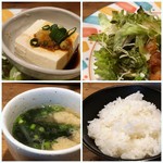 Den - ＊男女でお茶碗の大きさが違いました。ご飯の質は普通。 ＊お味噌汁は若布とお揚げ入り。 ＊冷や奴 ＊お野菜がたっぷり添えられています。