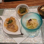 日本料理 とくを - ハモの南蛮漬け、万願寺トウガラシ、などの先付
