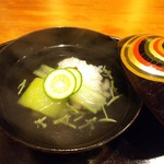 御料理 古川 - 長崎の鱧のくずうち、博多の長茄子、蓴菜のお椀