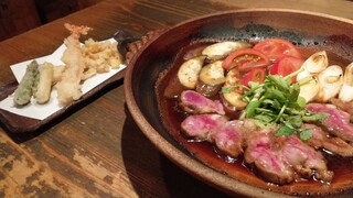 Itasoba Kaoriya - 合鴨と夏野菜のすき焼きと刺身酒肴のコース