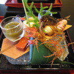 日本料理 きた川 - 奥琵琶湖鮎　沖縄糸もずく　平貝笹寿司　クレソン合鴨ロース巻きなど