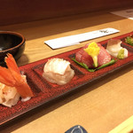 肴や川合 - 赤海老・まこがれい・目鉢鮪・たこ・さざえ