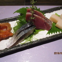 鮨 やまけん 銀座店 - お造り（赤貝、しめさば、鰹、帆立）