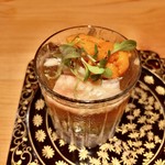 器楽亭 - 焼き茄子と枝豆の白和え 毛蟹と雲丹