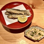 器楽亭 - 稚鮎の天ぷら 蓼酢と酢橘