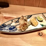 器楽亭 - 花ズッキーニのサマートリュフを詰めた真丈 賀茂茄子 とうもろこし