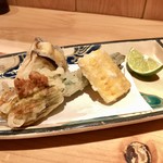 器楽亭 - 花ズッキーニのサマートリュフを詰めた真丈 賀茂茄子 とうもろこし