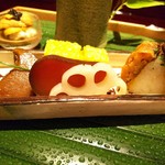 馳走なかむら - はもすし、とうもろこし南瓜よせ、あわび茸、新蓮根、自家製からすみ