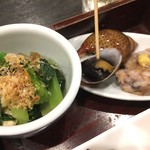 まんきち - バイ貝煮、小松菜のお浸し、いかシュウマイ