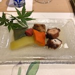 うを徳 - 明石 煮蛸 + 夕顔 + 打木赤皮甘栗かぼちゃ + 萩 たまげなす + 余市 鮟肝