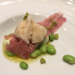 ristorante misola - 枝豆のムース ビールのソルベ 生ハム添え
                                