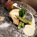 神楽坂 鉄板焼 中むら - 野菜焼き　沖縄県産島オクラ　淡路島産玉葱　北海道産スティックセニョール　長野県産白霊茸　茨城県産シルクスイート　白味噌のクリームソース